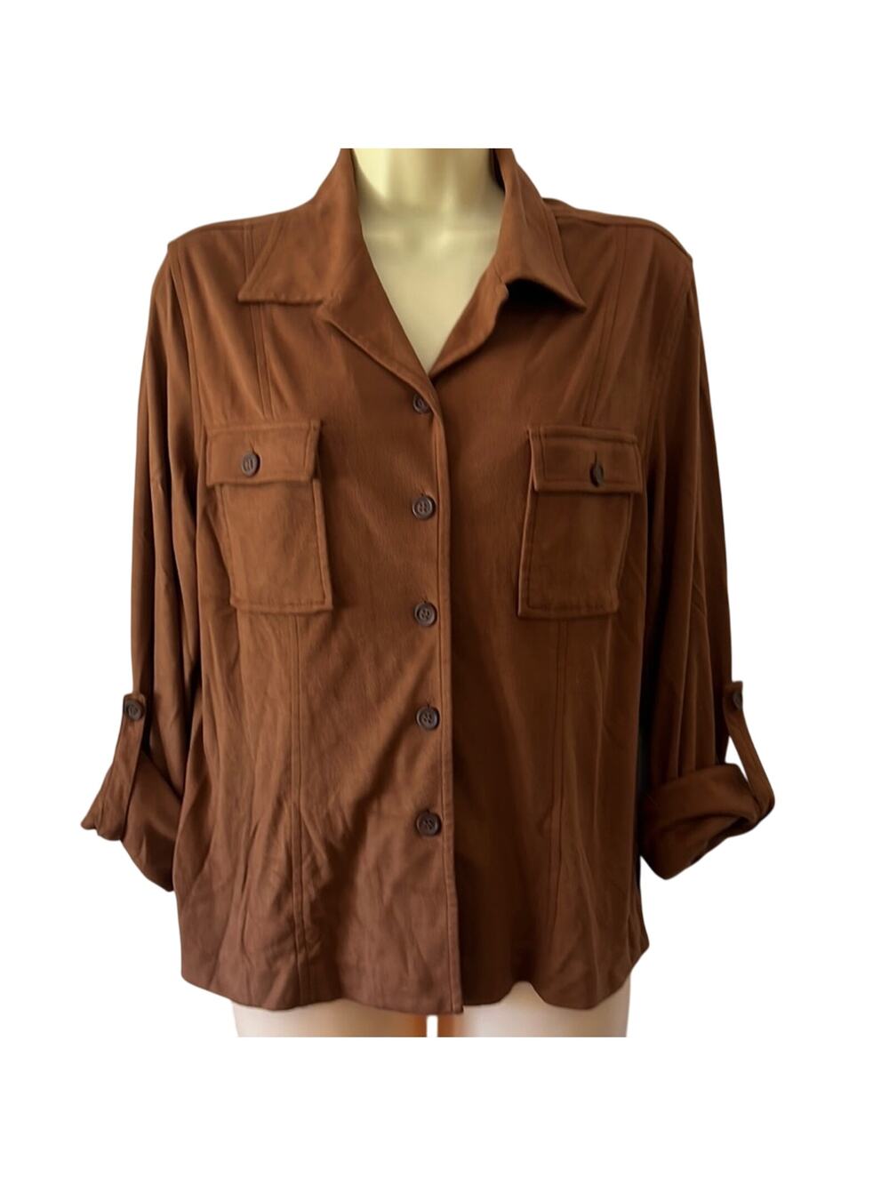 Norton McNaughton Woman Size 6 Brown Faux Suede Blouse Convertible Sleeves Vtg